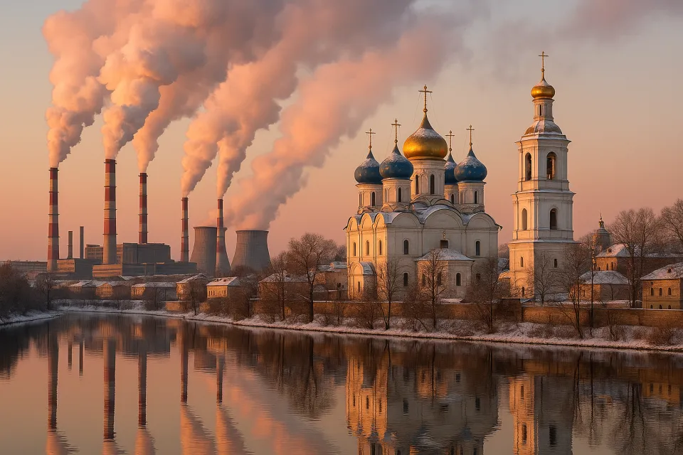 Paisaje invernal con iglesia y chimeneas humeantes de instalaciones industriales