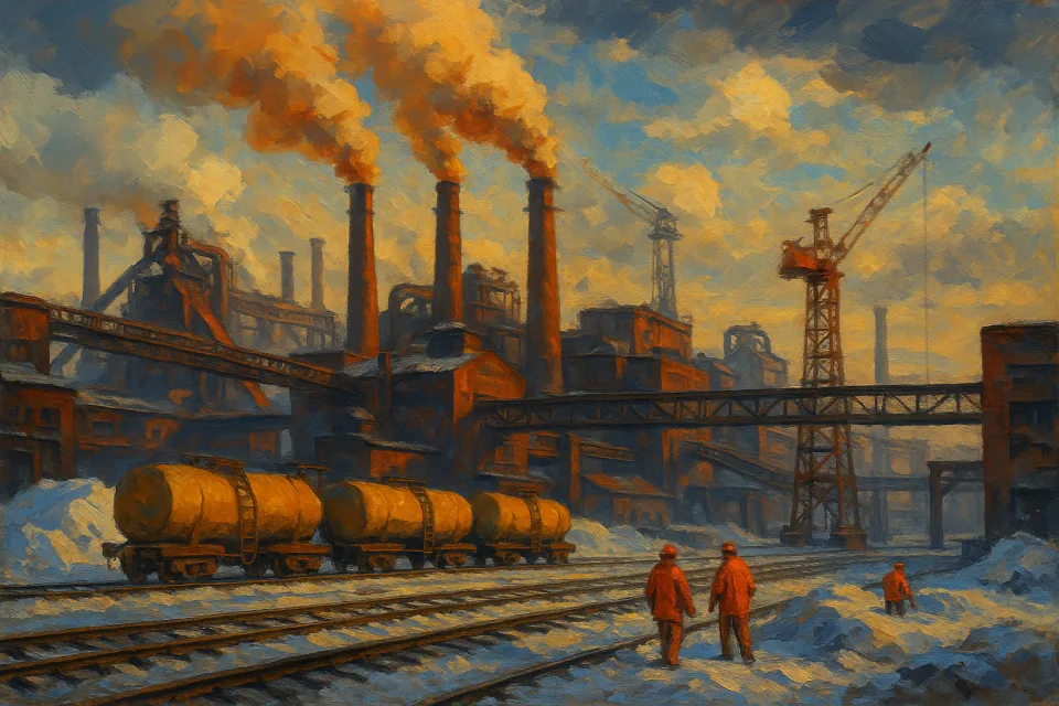 Escena de la vida de trabajadores industriales frente a una fábrica