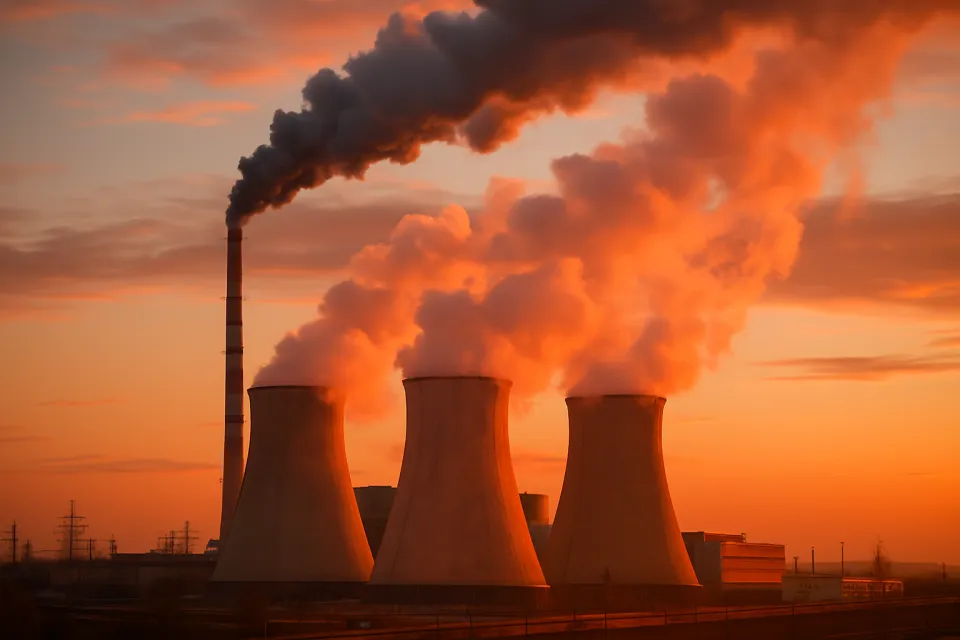 Power plant chimneys against the backdrop of a sunset sky