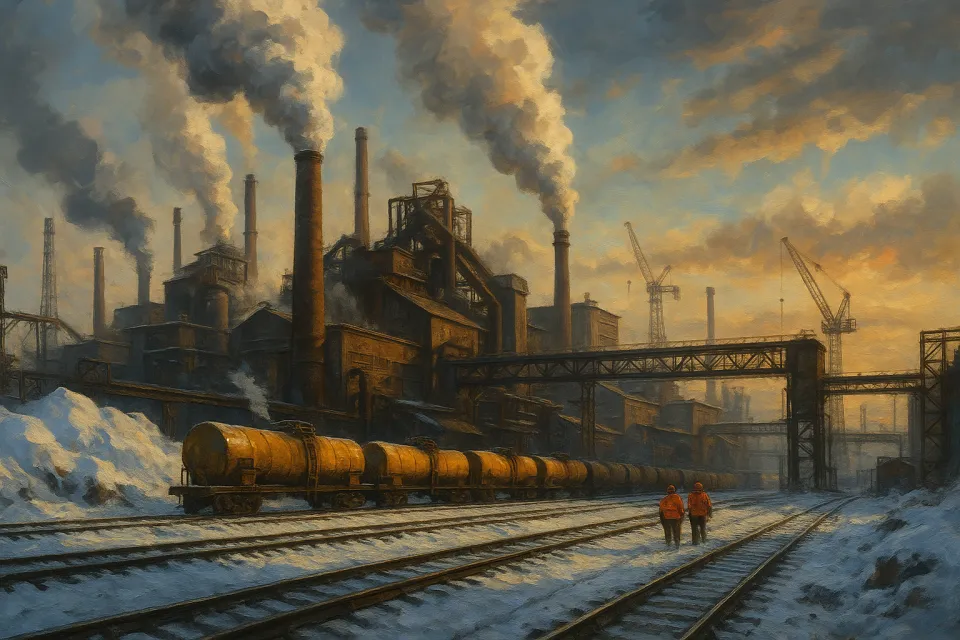Two people in orange workwear in front of an industrial landscape