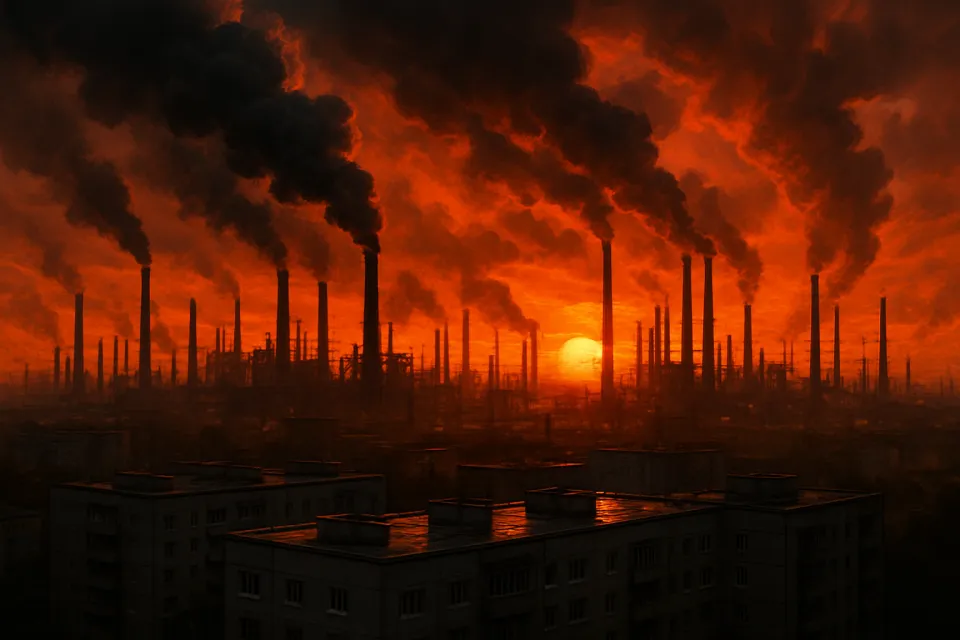 Aire contaminado y chimeneas humeantes con el atardecer de fondo