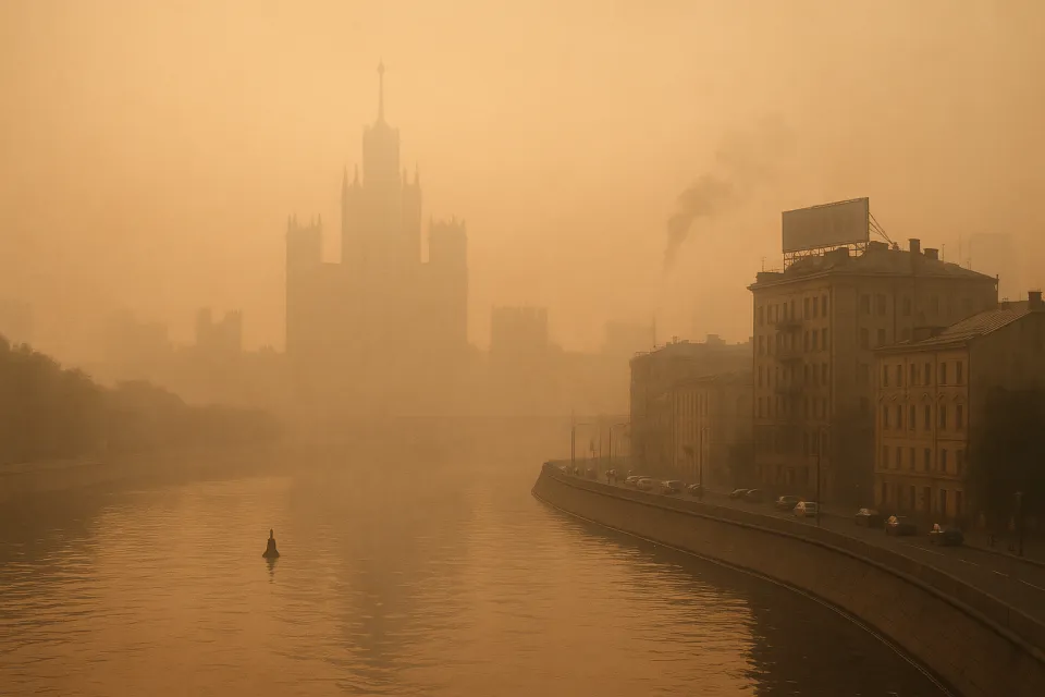 Escena misteriosa con arquitectura urbana sumergida en niebla y smog