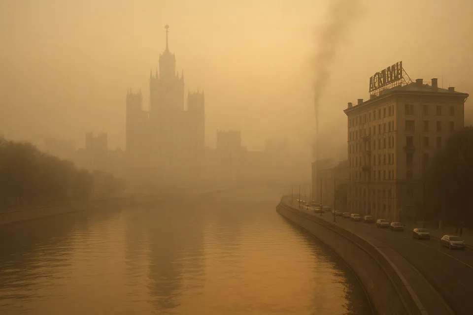 Paisaje de Moscú con un edificio brillante en la niebla y el río
