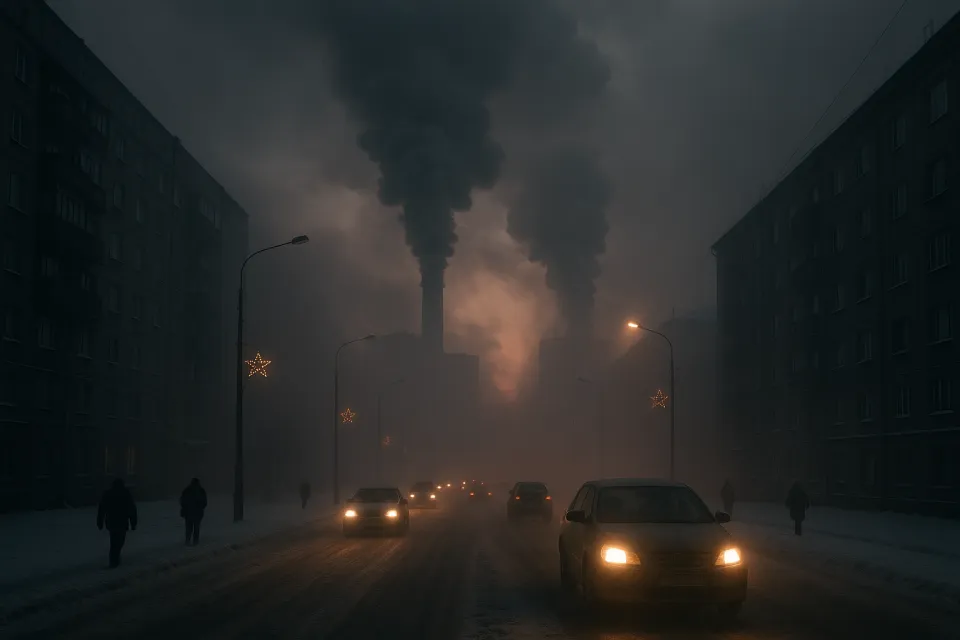 Индустриальный пейзаж с дымящимися трубами и городскими огнями в вечернее время
