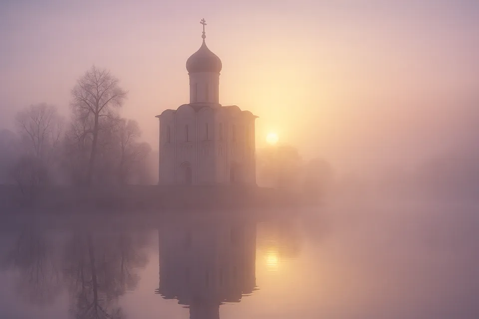 Silhouette of a temple against a misty morning and a rising sun