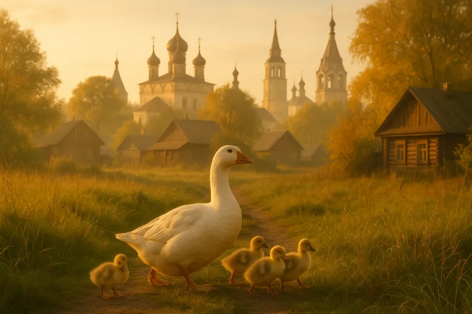 Cute duck and her ducklings amid a rural landscape