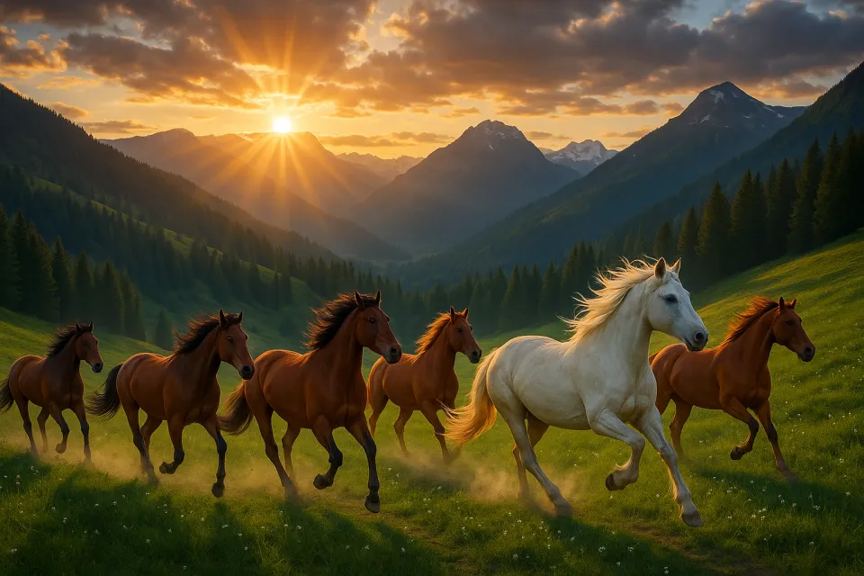Grupo de caballos corriendo por un campo verde al atardecer
