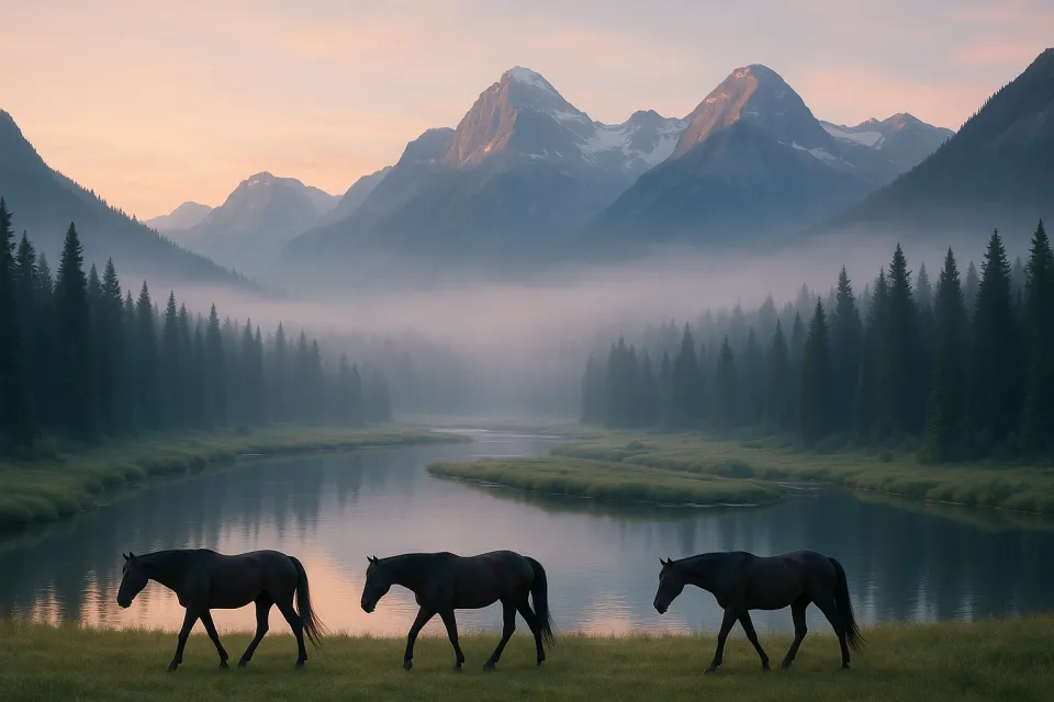 Horses gathered in the mountains on a foggy morning