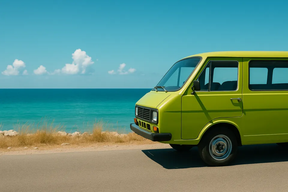 Green shuttle bus on the seashore with a cloudy sky