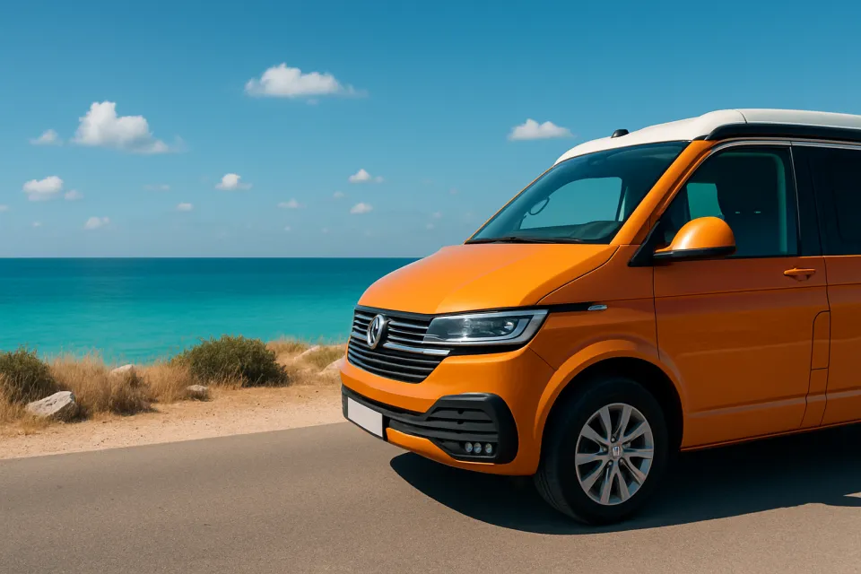 Bright orange car on the coast with blue sea