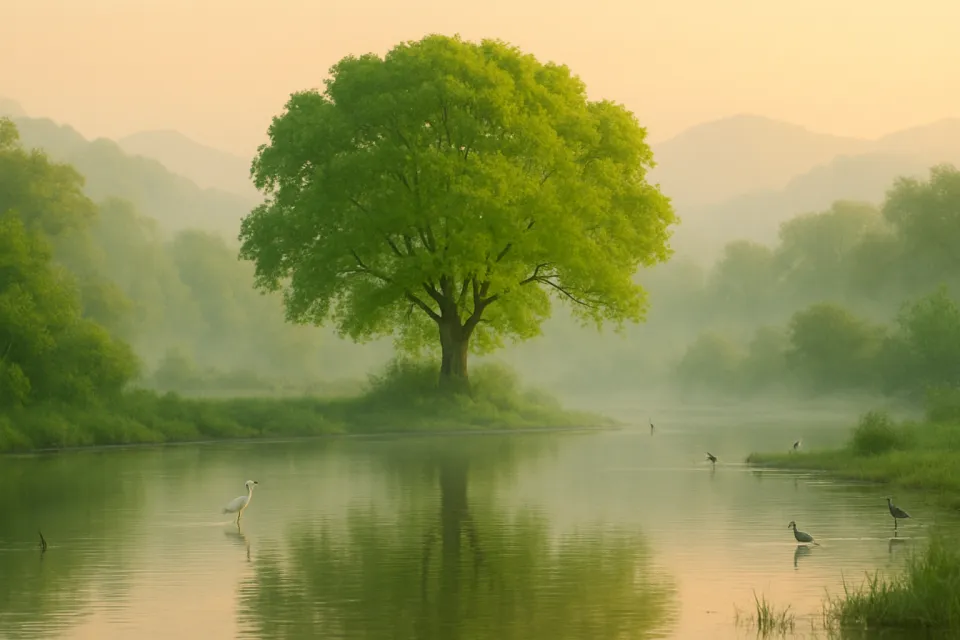 Paisaje soleado con un gran árbol verde junto al río en la niebla