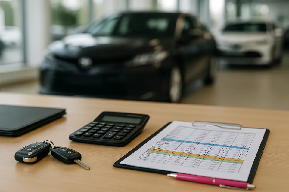 Car dealership desk with keys, calculator, and documents against the background of cars