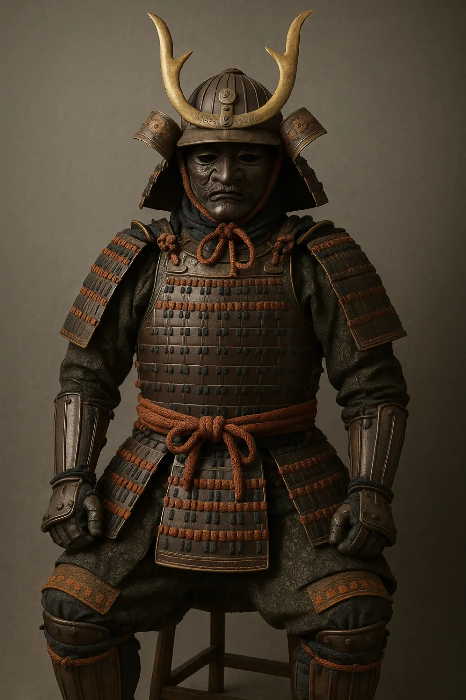 Imagen de un samurái con armadura completa con elementos característicos de la cultura japonesa