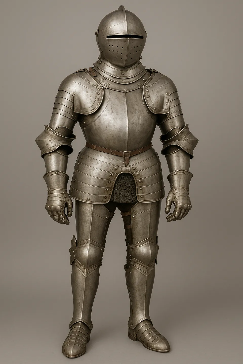 Full-length medieval knight's armor with detailed armor components