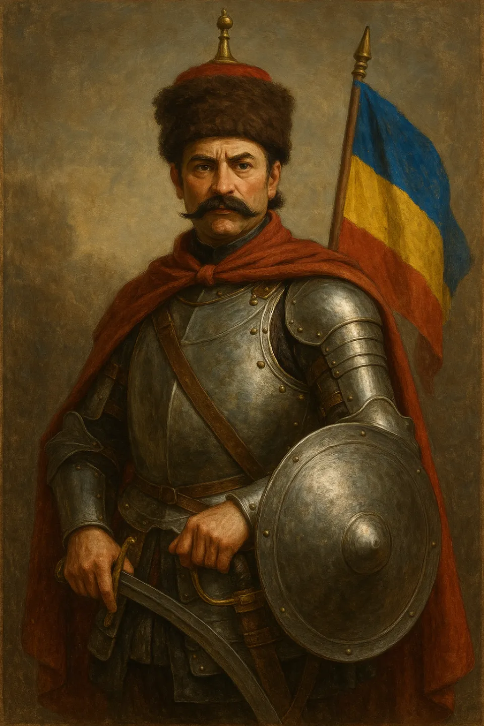 Portrait of a man in armor with a sword and shield against the background of a flag
