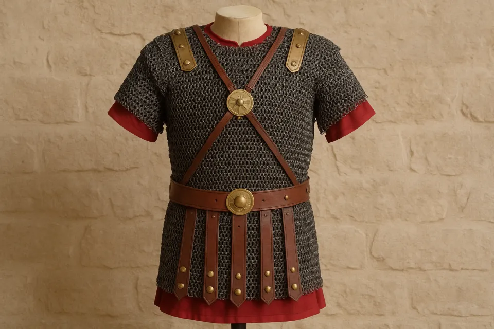 Chainmail protective clothing with red elements and leather belt