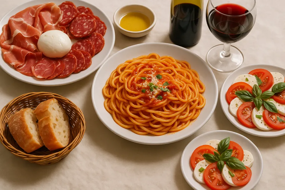 Plato tradicional italiano con pasta y aperitivos sobre la mesa