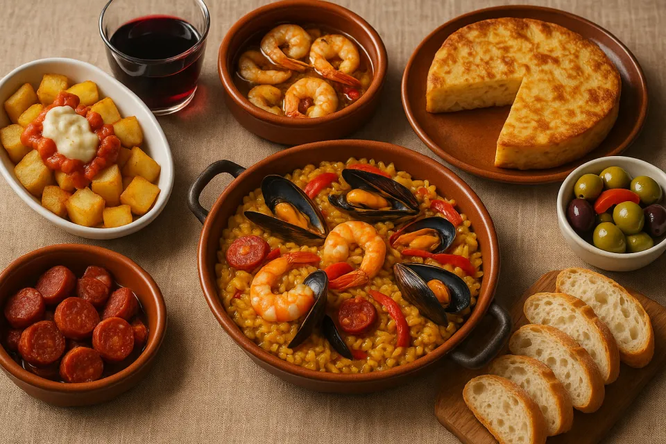 Surtido de platos tradicionales españoles, incluyendo paella y tapas