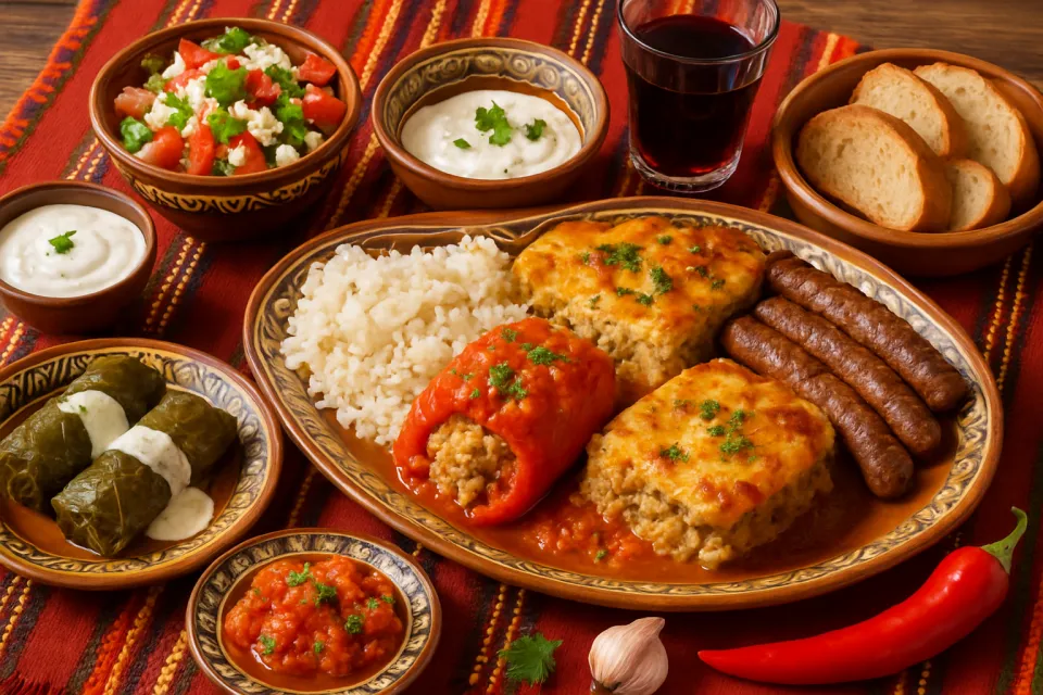 A serving of tasty Eastern food with rice, meat, and salad