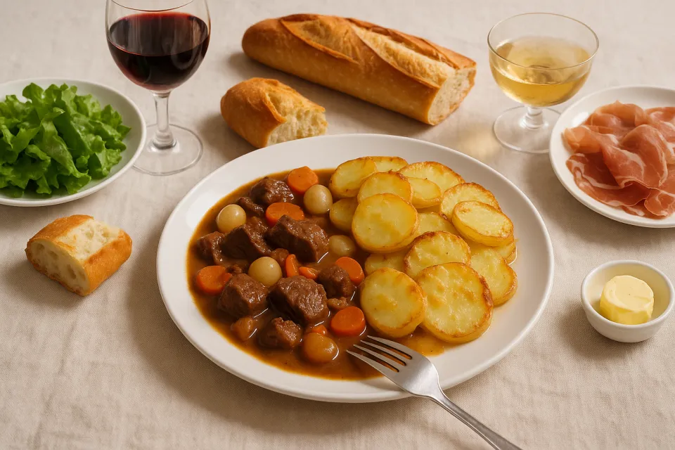 Plato con guiso de carne, patatas fritas y aperitivos laterales