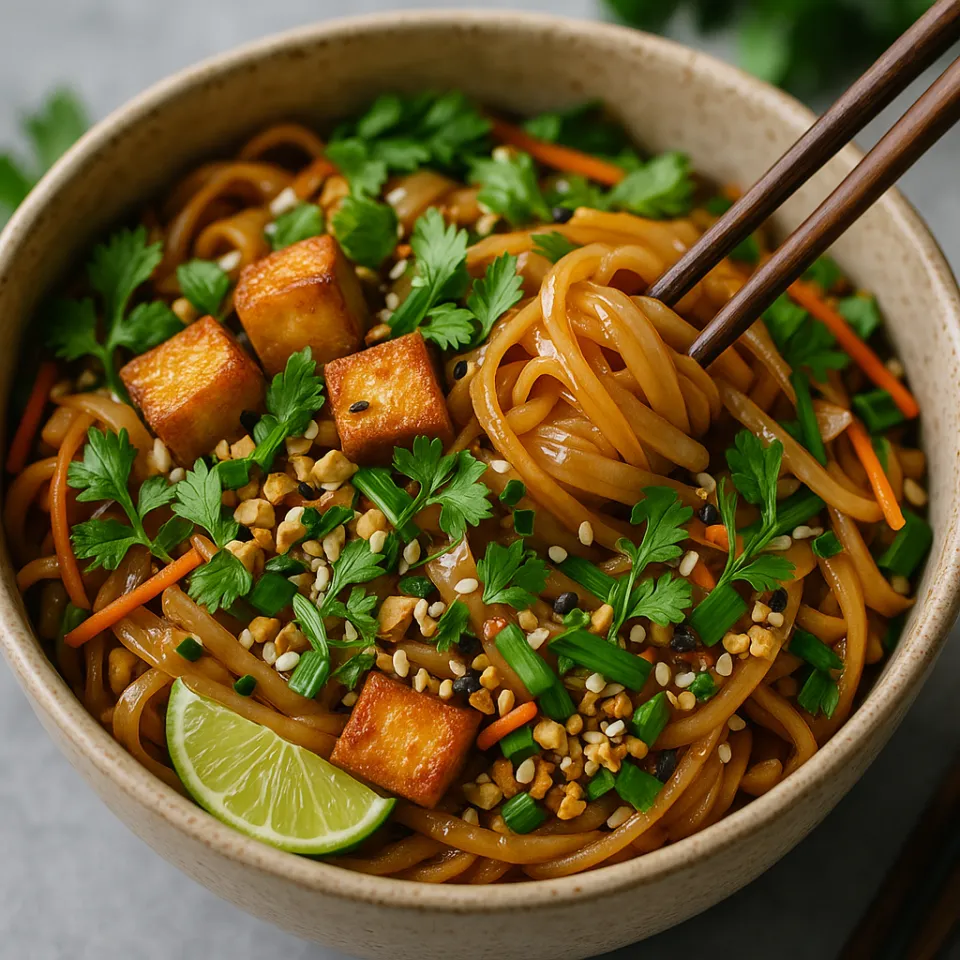 Bowl of noodles with tofu, green vegetables, and lime