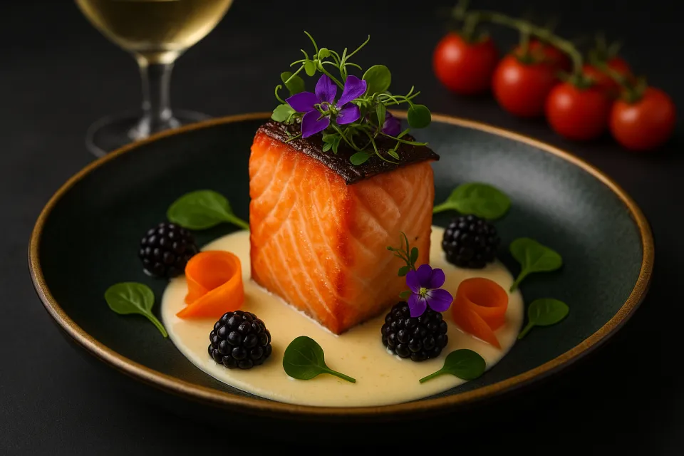 Exquisite salmon dish with garnish and decoration