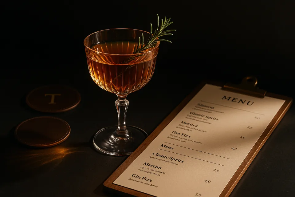 Image of a cocktail with a menu on a dark background in a restaurant