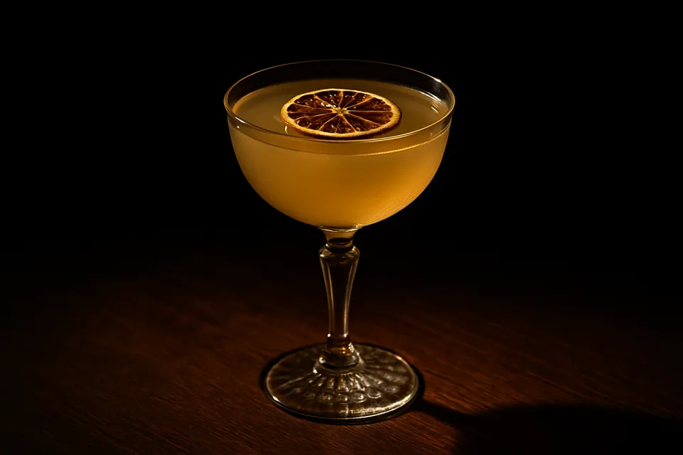 Cóctel bellamente decorado con limón en una copa de cristal sobre fondo oscuro