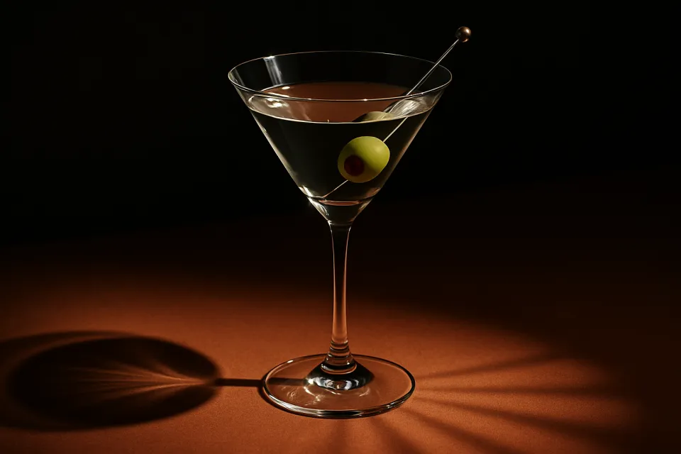 Martinez with an olive in a glass on a dark background