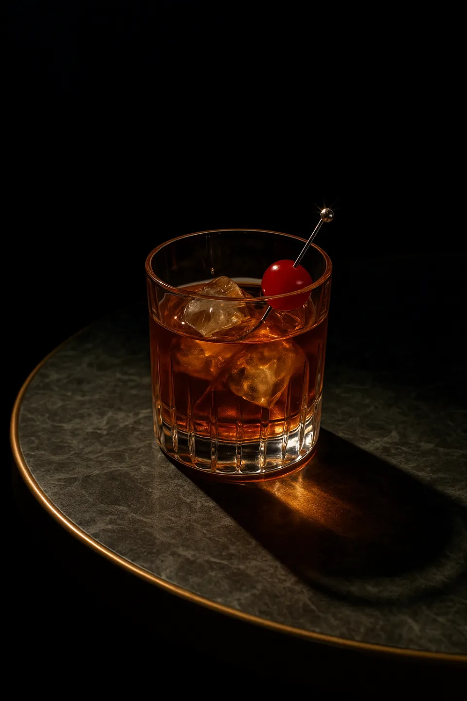 Vaso de cristal con cóctel y una cereza sobre la mesa