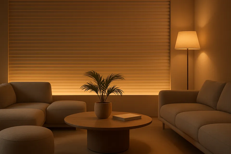 Habitación acogedora con sofá, mesa de centro y planta en el interior