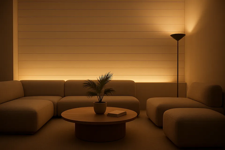 Sala de estar moderna con ambiente acogedor e iluminación suave por computadora