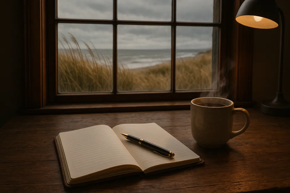 Escritorio junto a la ventana con vista al mar y té caliente