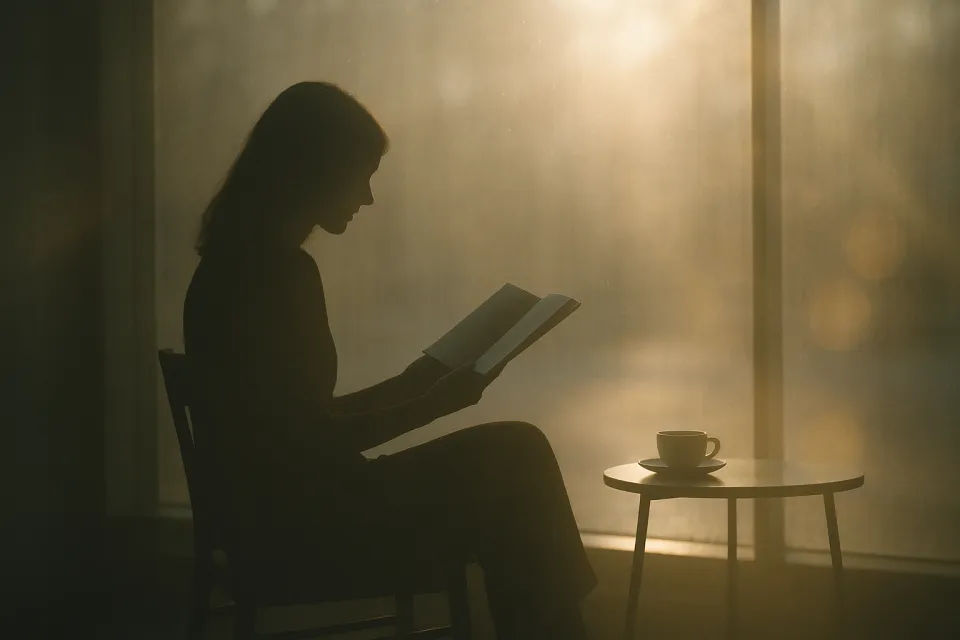 Silueta de una persona estudiando un libro junto a una taza de café
