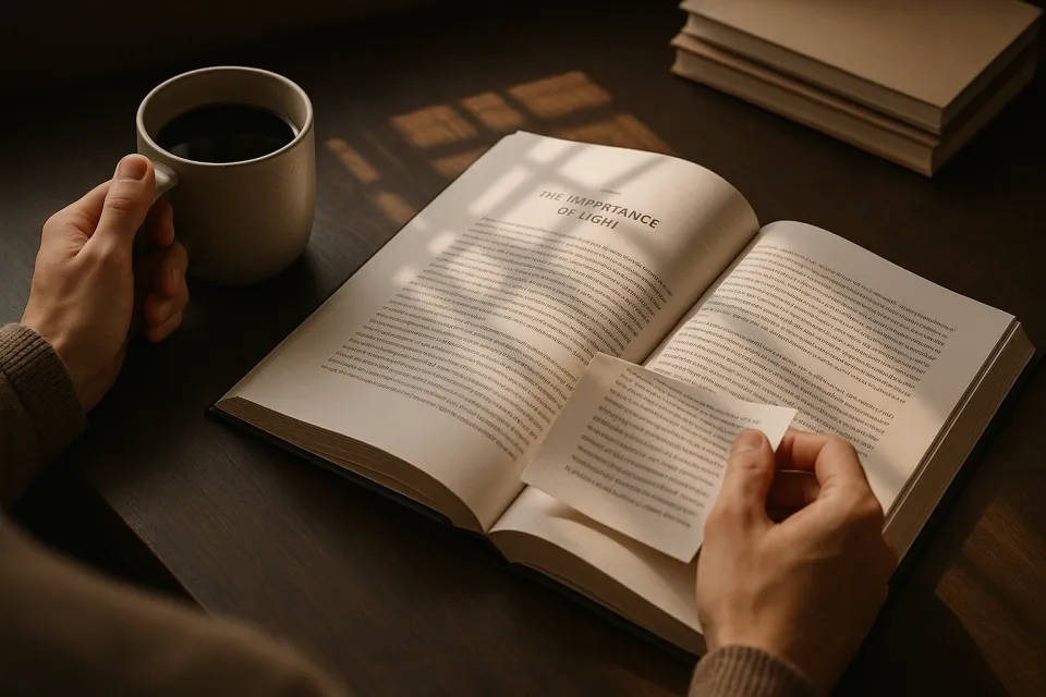 Persona sosteniendo una taza de café junto a un libro abierto