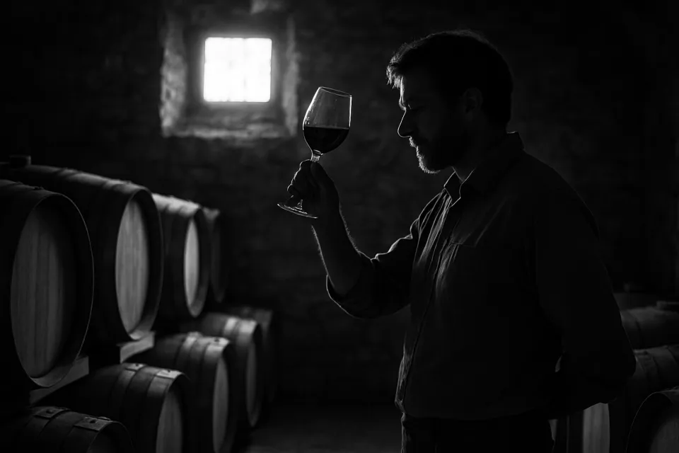 Persona inspeccionando vino en una copa en una bodega oscura