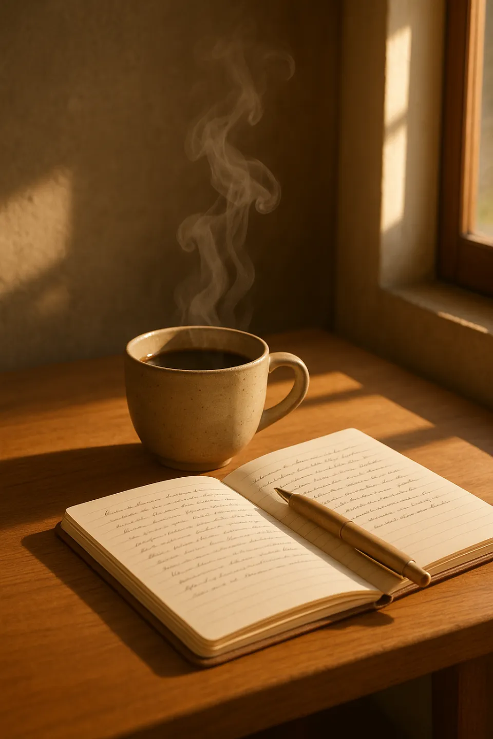 Una taza de café caliente y un cuaderno abierto con notas sobre una mesa de madera