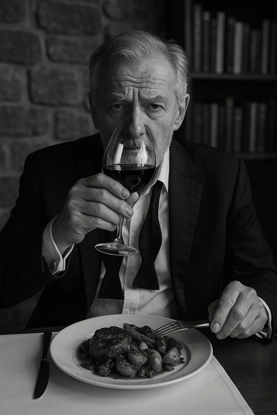 A man in a tuxedo holding a glass of red wine and a dish on the table