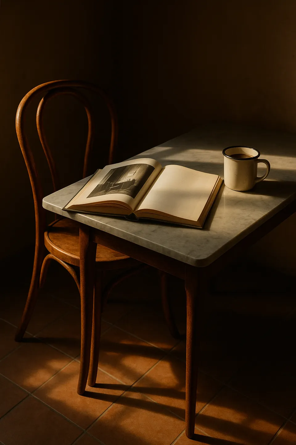 Ambiente acogedor con libro sobre la mesa y taza de café
