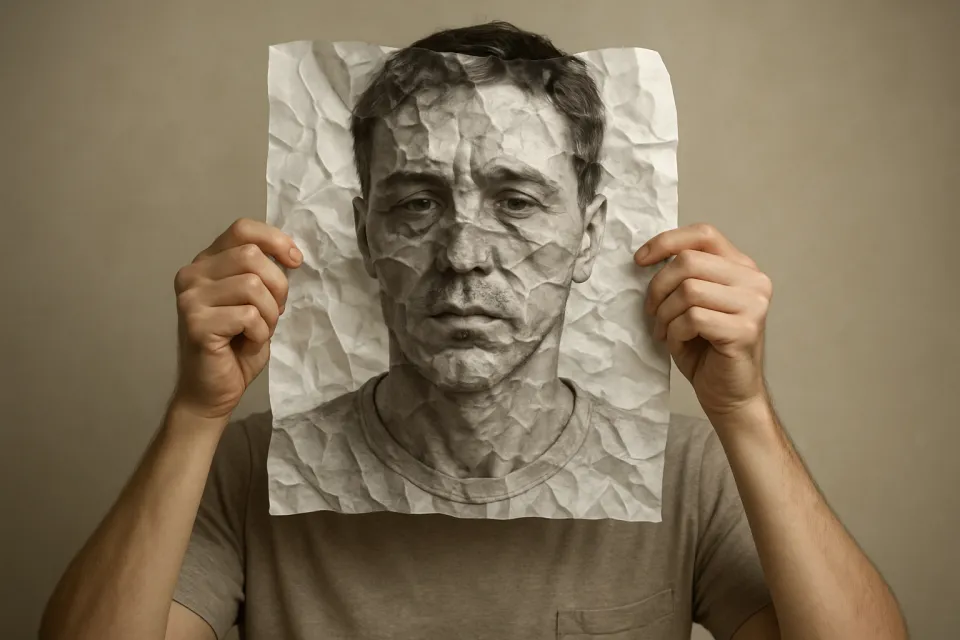 Creative work featuring a person on a crumpled sheet of paper