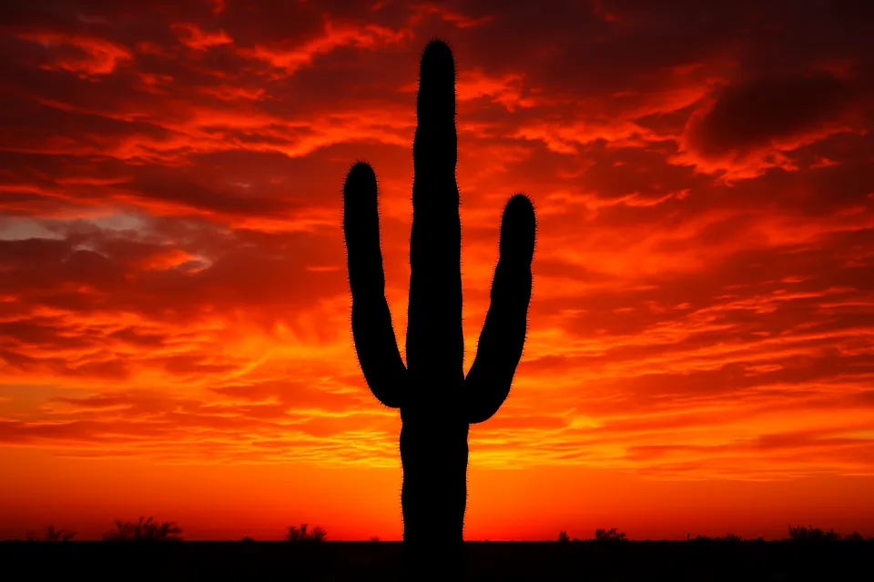 Arid landscape with a cactus and a bright sunset in the sky