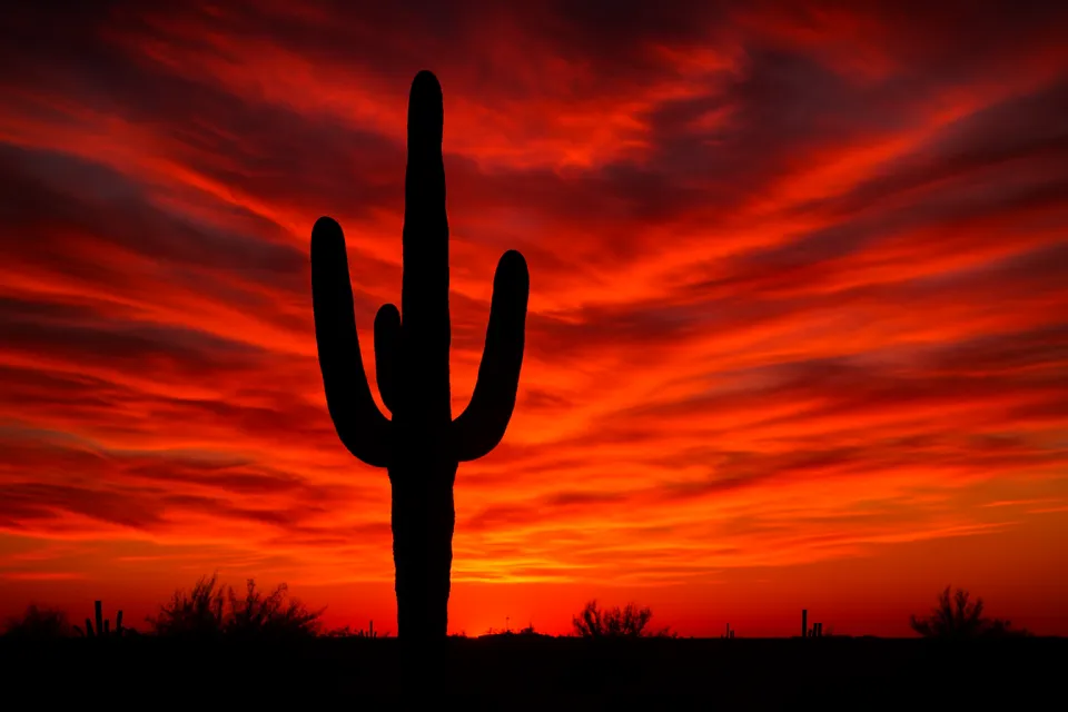 Silueta de un cactus en un atardecer brillante con nubes ardientes