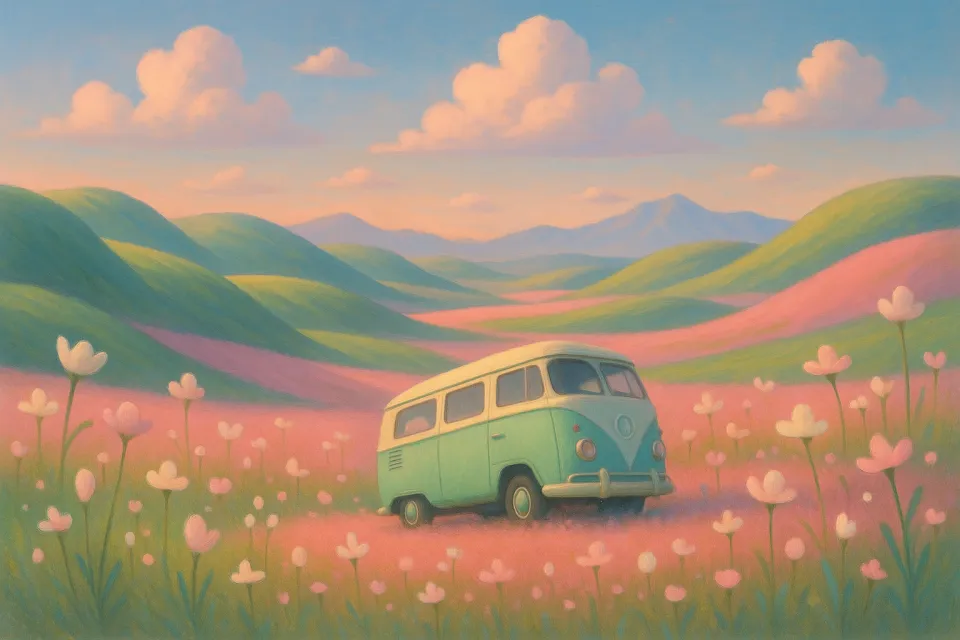 Cargo van against the backdrop of pastel flowering fields and mountains