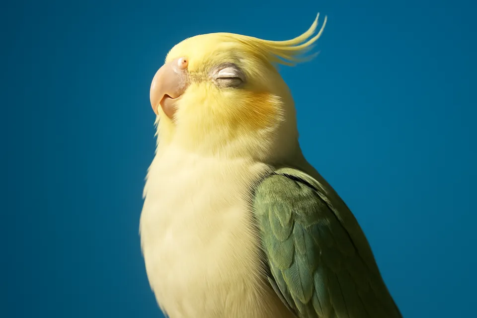 Loro con pecho amarillo y plumas verdes sobre un fondo azul celeste