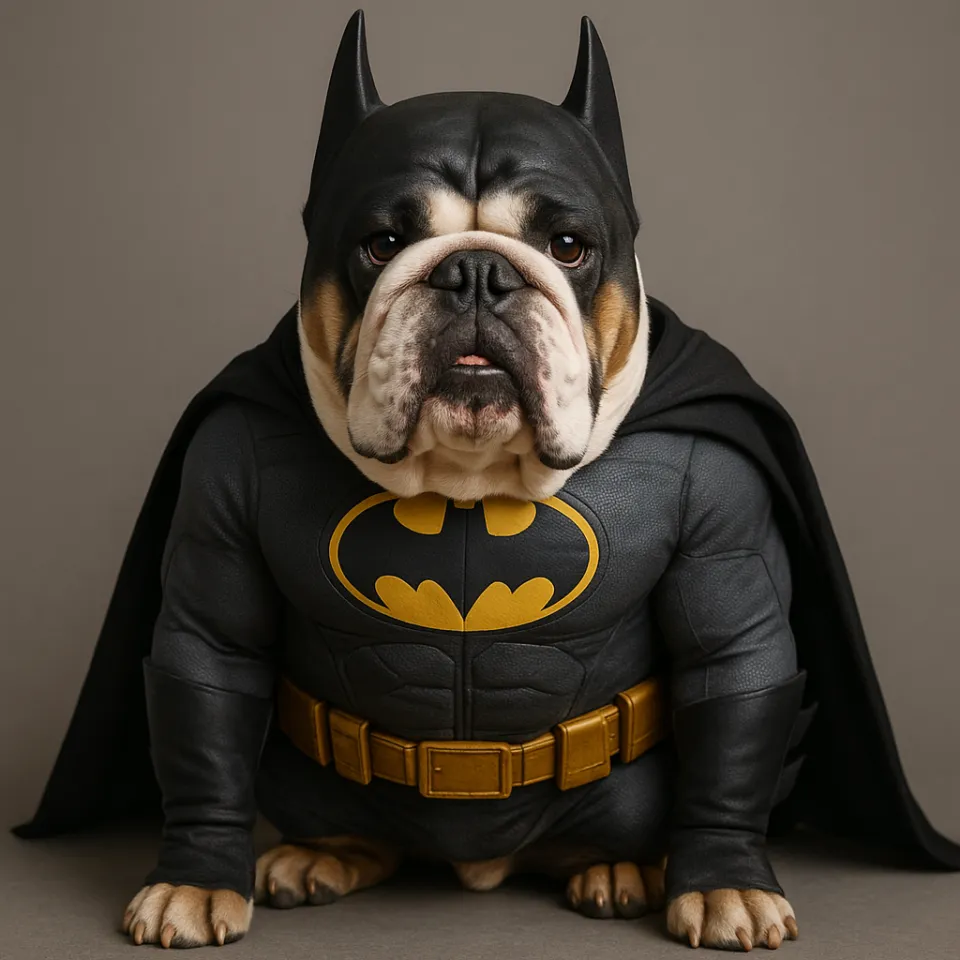 Bulldog francés en un heroico disfraz de Batman con capa