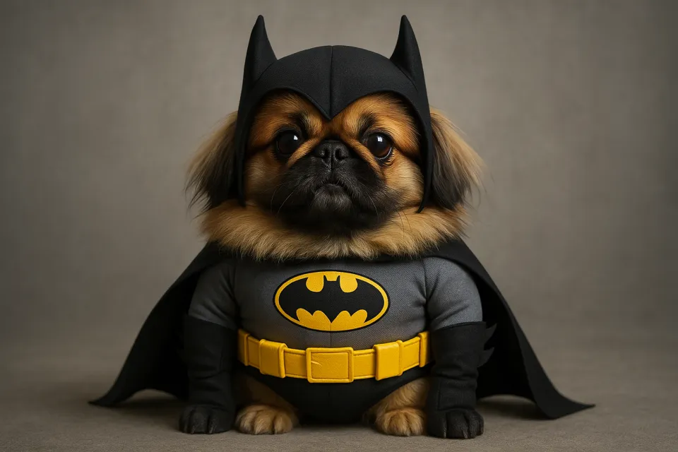 Pekingese in a superhero costume with a cape and mask