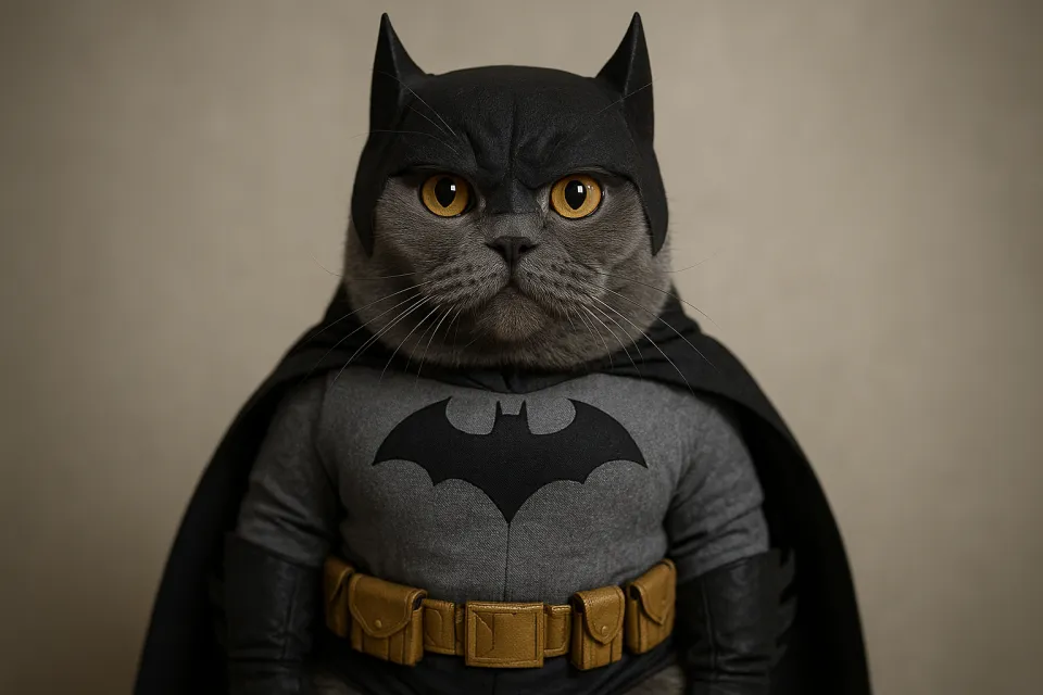 Gray cat in Batman costume with hood and belt