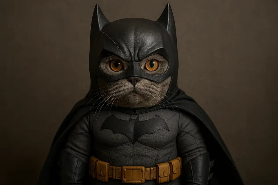 A pet with feline features dressed in a superhero Batman costume