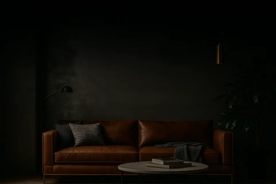 Leather sofa and table in a cozy dark room