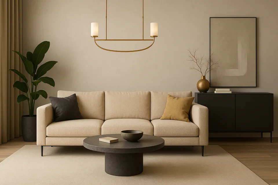 Sala de estar estilosa con un sofá acogedor y iluminación moderna
